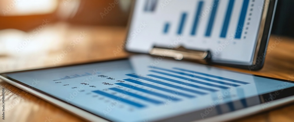 Poster a tablet and clipboard displaying bar graphs for data analysis.