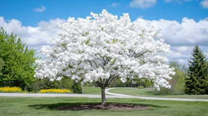 Naklejka premium Beautiful white flowering tree stands in full bloom on a green lawn in a park under a bright blue sky.