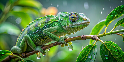 Fototapeta premium A vibrant green lizard sits on a branch surrounded by leaves in a tropical forest. Raindrops glisten on foliage, creating a refreshing atmosphere. The reptile gazes curiously at its surroundings