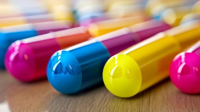 A variety of vibrant markers in bright colors are neatly arranged on a wooden table, perfect for art projects and creative expression. The colors stand out beautifully