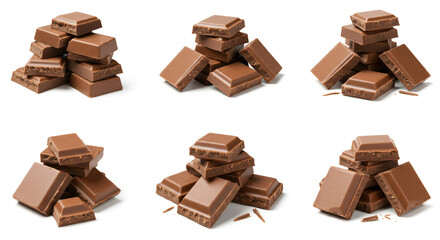 Assorted stacks of milk chocolate squares on a white background.