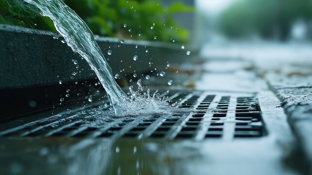 Urban rainwater flows forcefully into storm drain. Water splashes, droplets disperse around drain grate. City street drainage system functions efficiently during rainfall. Photo illustrates