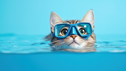 Obraz premium A playful cat wearing blue goggles swims in turquoise water, showcasing a whimsical and fun underwater adventure.