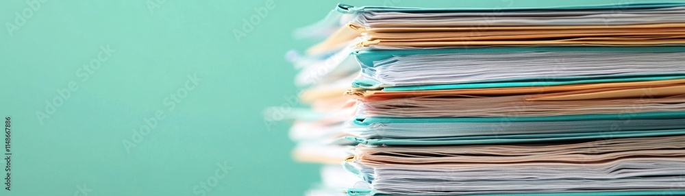 Poster a close-up view of a stack of colorful paper documents organized neatly on a bright background, perf