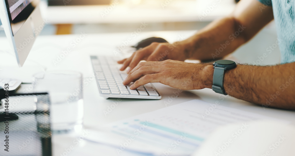 Poster businessman, hands and typing with computer for online report, business schedule or communication at