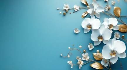Elegant white orchids and gold leaves on teal background.