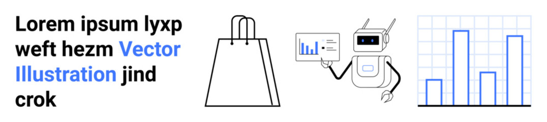 Robot presenting data, bar chart, shopping bag, and placeholder text. Ideal for retail analytics, e-commerce, artificial intelligence, robot marketing, business reports modern technology futuristic