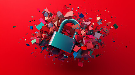 Breaking security barriers padlock shattering in a dynamic red background digital art conceptual vibrant viewpoint