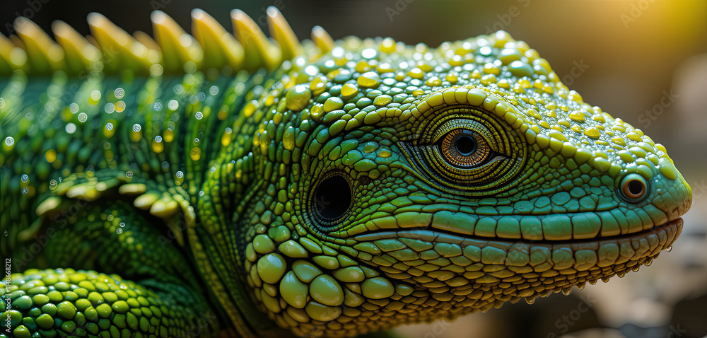 Poster a vibrant green lizard displays its intricate scales and patterns while resting on a rocky surface, 