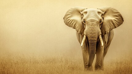 Obraz premium Majestic African elephant in sepia tones, walking towards the camera in dusty savanna.