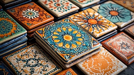 Colorful handmade tiles showcasing intricate designs and craftsmanship in a market setting