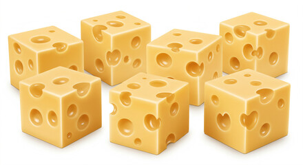 Cubes of Swiss cheese with holes on a white background.