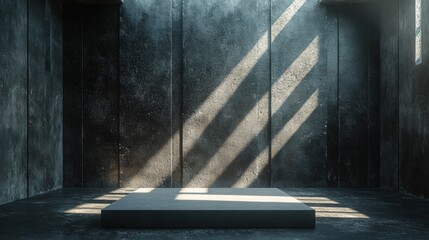 Industrial Style Studio Space with Dramatic Light and Shadows Highlighting an Empty Platform for Creative Projects and Photography Inspiration