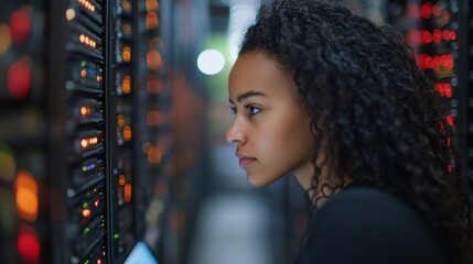 A woman observing server equipment in a data center.