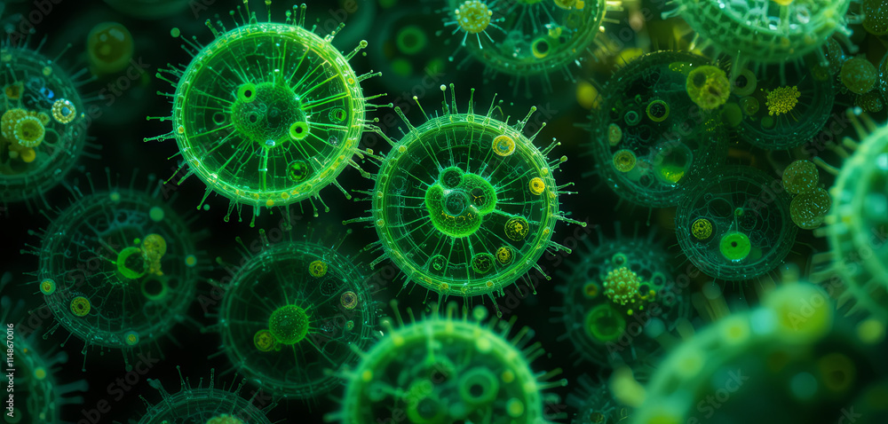 Poster the close-up perspective reveals vibrant green microorganisms displaying unique structures and textu