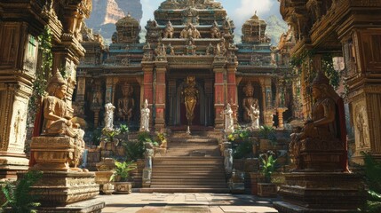 Fototapeta premium Ornate temple entrance with statues and steps, nestled in a lush landscape.