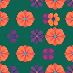 Fototapeta premium Seamless Retro Floral Pattern: Vibrant orange and purple flowers bloom on a rich green background, creating a retro-inspired pattern perfect for textiles, wallpaper, or digital designs.