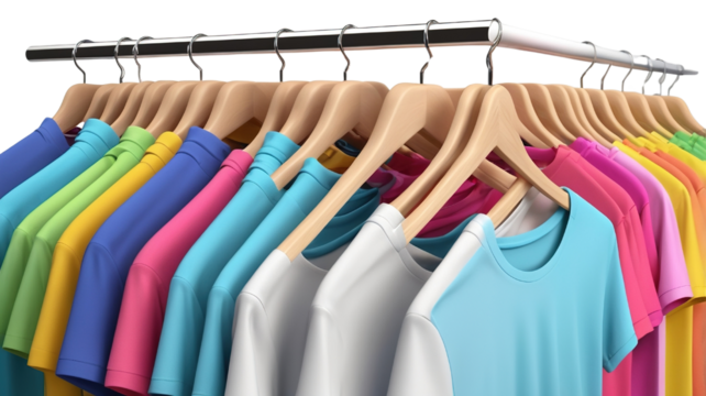 Colorful T-Shirts on Hangers, Isolated