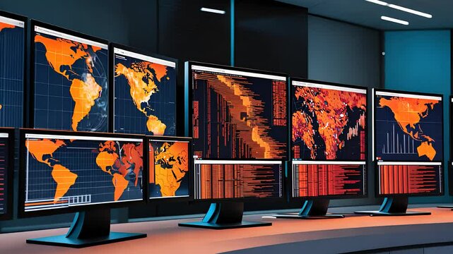 High-Tech Control Room with Multiple Monitors Displaying Global Data, Heat Maps, and Analytics in Modern Design

