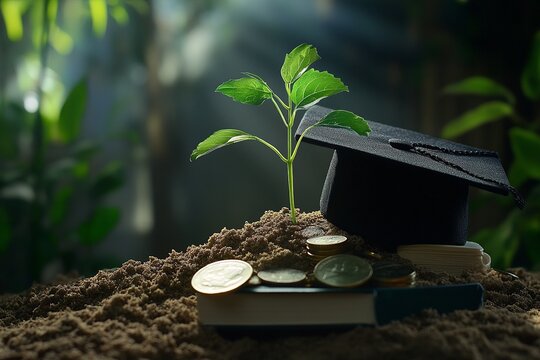 A representation of the value of education, with a plant sprouting from a graduation cap on a pile of coins and books