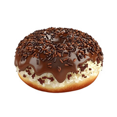 A chocolate-covered donut topped with chocolate sprinkles.