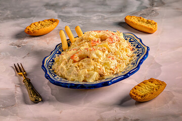 Russian Salad Served in a Traditional Ceramic Dish
