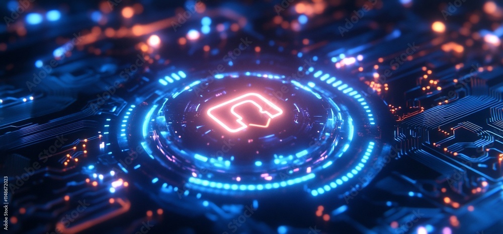 Poster abstract digital circuit design with glowing elements and a central symbol.