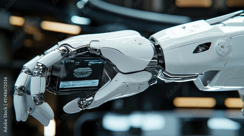Poster futuristic robotic hand holding a screen displaying data