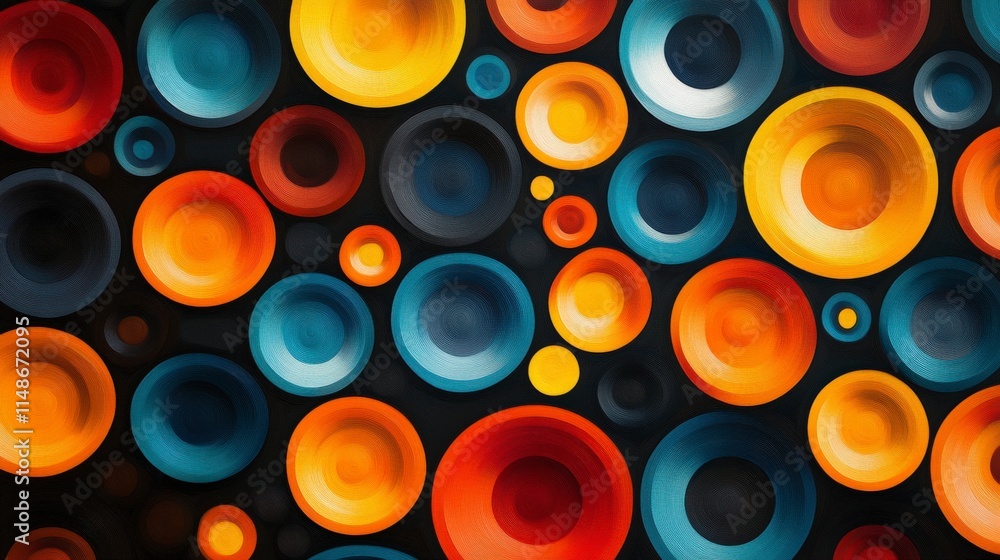 Poster vibrant abstract circles in red, blue, and orange colors create a mesmerizing visual pattern, perfec