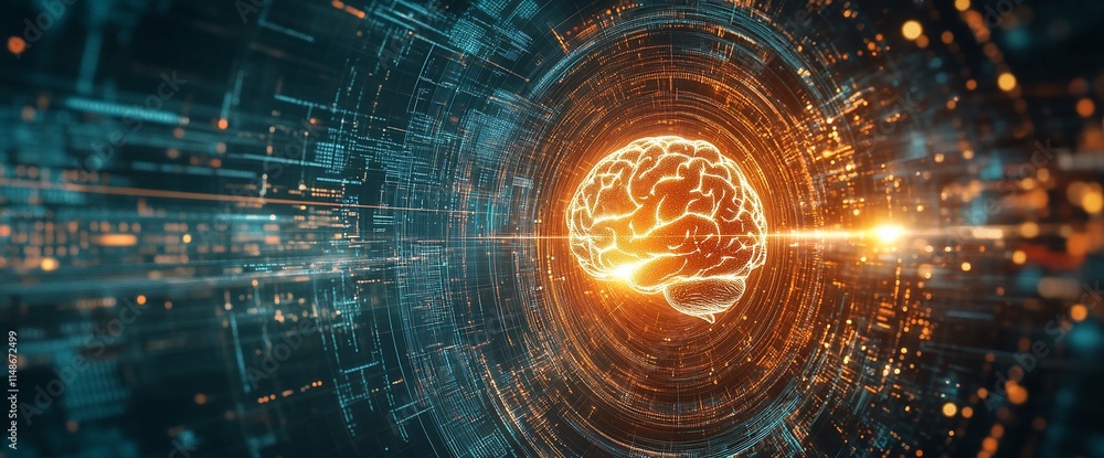 Poster abstract representation of a brain amidst digital data streams and light.
