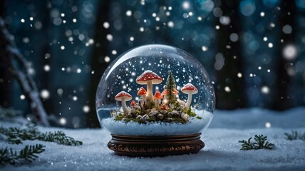 Magical Winter Scene with Snow-Covered Mushrooms: Frosty Delights in a Sparkling Snowglobe Wonderland