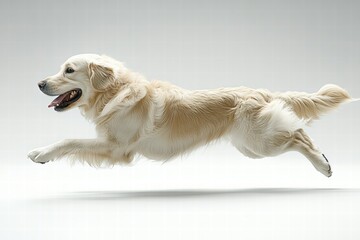 Energetic Golden Retriever Dog in Motion Captured Mid-Run, Showcasing Its Graceful Leaps and Joyful Nature Against a Soft Gray Background