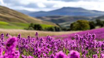 Obraz premium Vibrant purple wildflower meadow with mountains in background