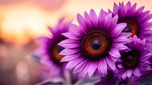 Vibrant purple sunflowers blooming at sunset, creating stunning scene