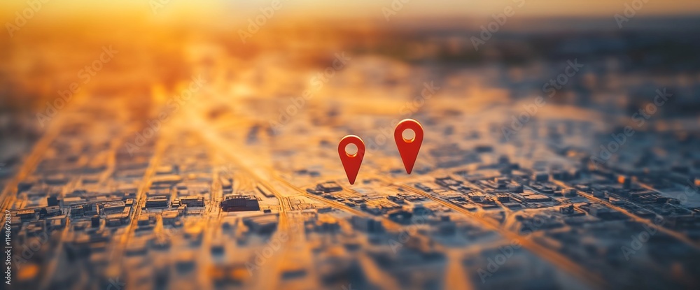 Poster aerial view of a city with location markers indicating points of interest.