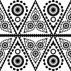 This dynamic pattern features a lively mix of teardrop shapes and circular floral patterns in turquoise, black, and white. The design has a triangular structure.