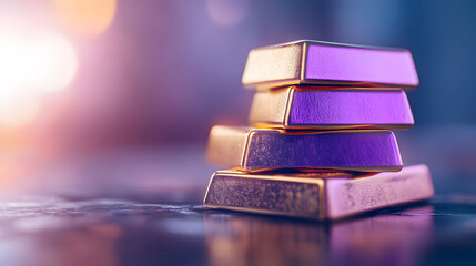 Stacked purple and gold bars with soft lighting create luxurious atmosphere