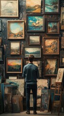 Obraz premium Curator thoughtfully arranging and displaying art in a vibrant gallery filled with framed masterpieces