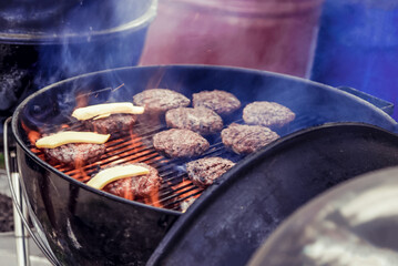 Grilled beefsteak patty, barbecue dinner lunch meat dish in restaurant