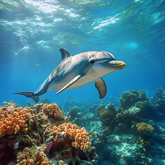 Majestic Dolphin Leaping Gracefully Through Clear Blue Waters Above Vibrant Coral Reef, Capturing the Serenity and Beauty of Marine Life