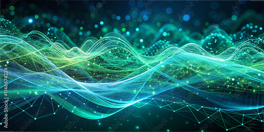 Poster colorful waves and particles blend together in an abstract design, showcasing fluid movement and a s