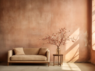 Terracotta japandi and wabi sabi style living room with terracotta stucco textured walls, light couch