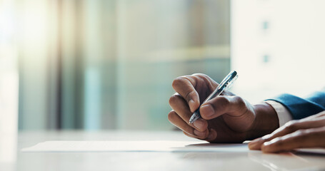 Business paperwork, hands or signature in office for hiring agreement, contract application or...