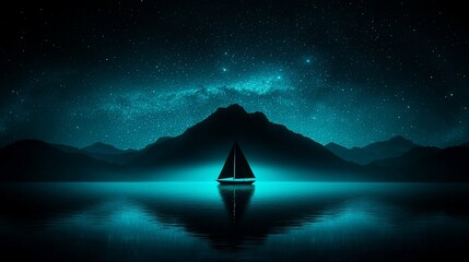 Solitary sailboat at night on a calm sea under a starry sky, mountains in the background.