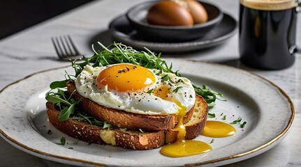 Delightful brunch featuring artisanal brioche toast topped with poached eggs and fresh greens served in a cozy cafe setting