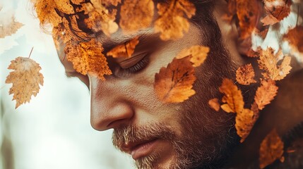 A thoughtful man surrounded by autumn leaves, capturing the essence of seasonal reflection and nature's beauty.