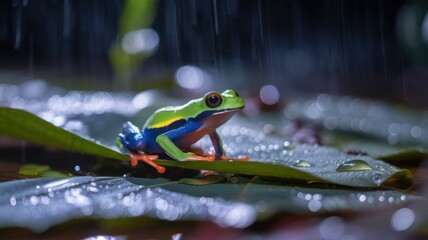 Naklejka premium Red eyed tree frog sits on a leaf in the rain
