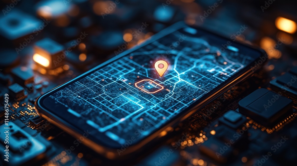 Poster modern mobile device displays urban digital map with highlighted area, location pin. tech interface 