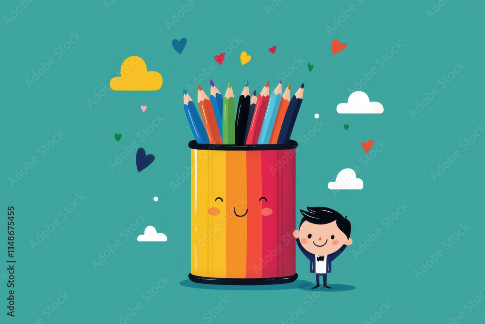 Poster reuse a character transforms an old tin can into a colorful decoration, showcasing creativity and ar