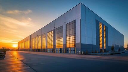Modern industrial warehouse at sunset. Large structure with many windows reflecting golden light. Empty paved parking lot extends in front. Sunrise sunset sky. Commercial property distribution
